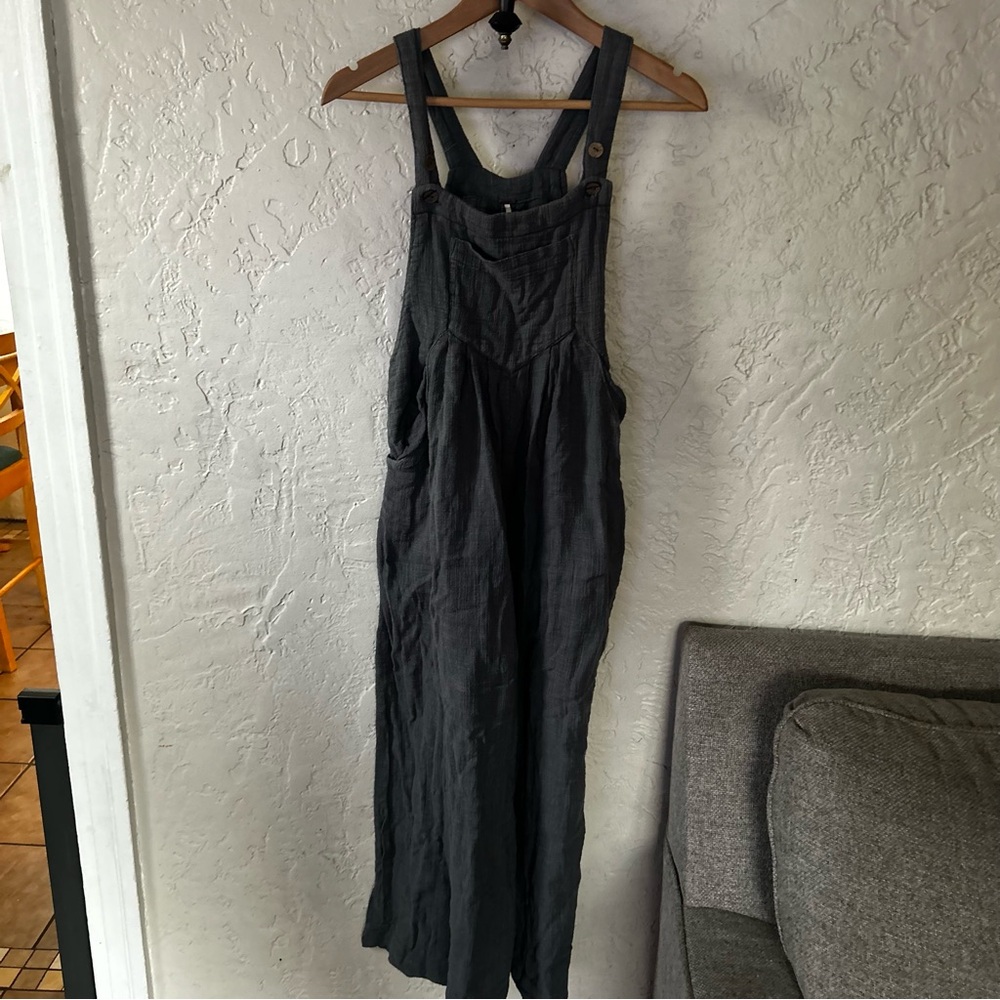 Free People Sun Drenched Charcoal Gray Linen Overalls